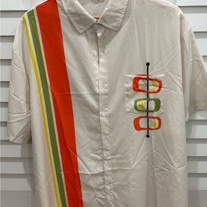 Men's XL Short-Sleeve Button-Up Shirt w/Orange & Green Mid-Century Print. New!